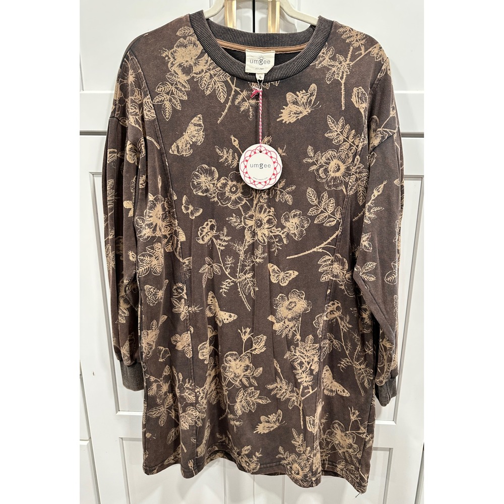 Umgee Ash Olive Floral Butterfly Long Sleeve Sweatshirt Dress K9127 Small NWT
